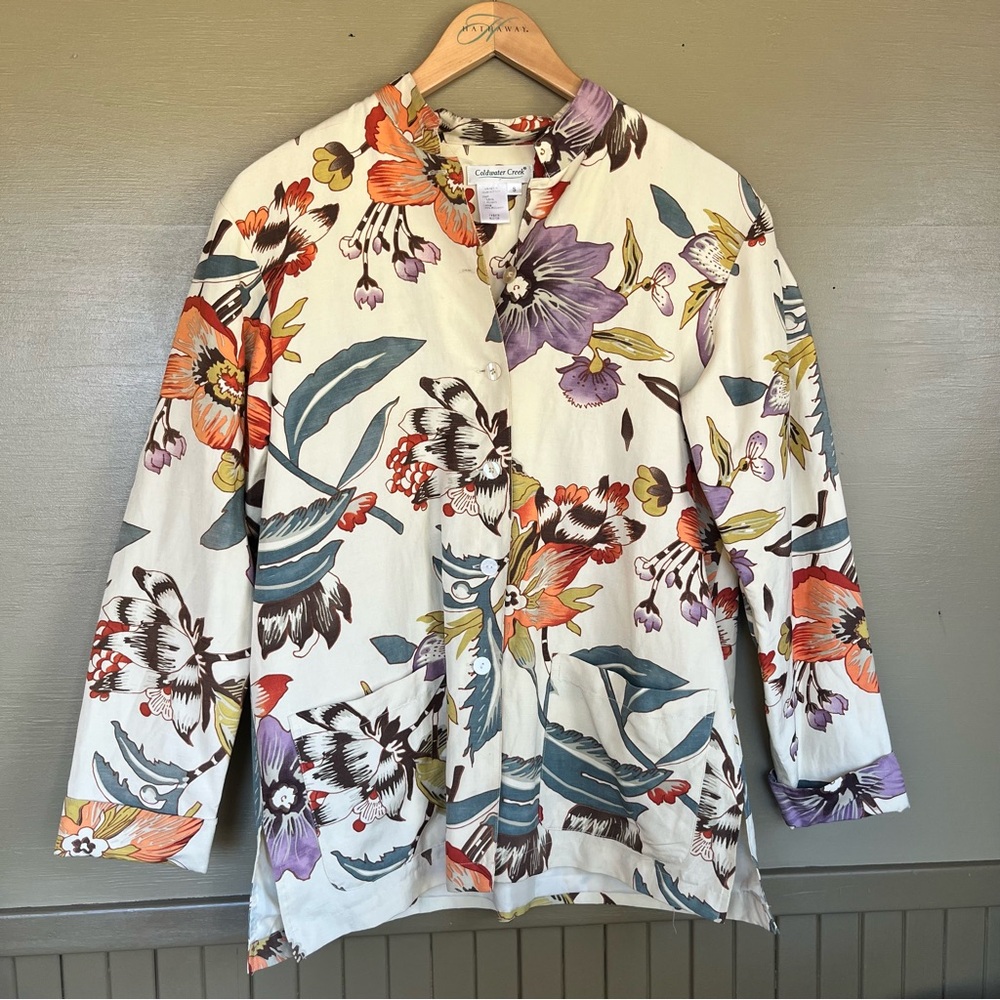 Coldwater Creek Floral Linen Silk lined button down Smock Top Vintage small
